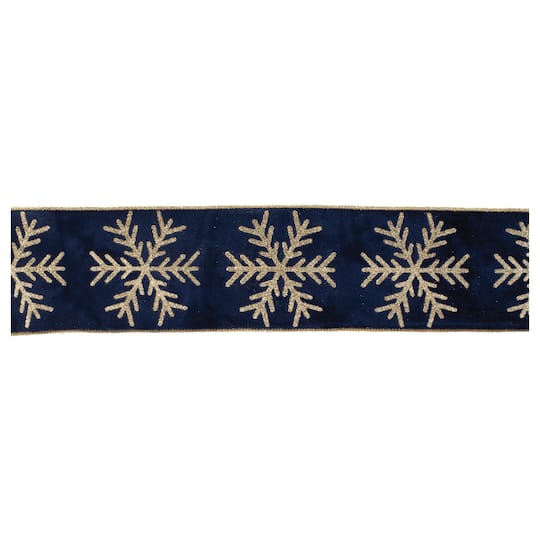 4" x 5yd. Glittered Snowflake Wired Ribbon By Melrose in Blue/Gold | Michaels®